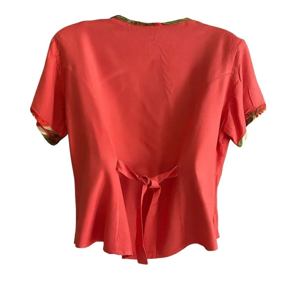 Nash Blouse Skirt Set Womens Large Coral Red Green Boho 90s Rayon Short Sleeve